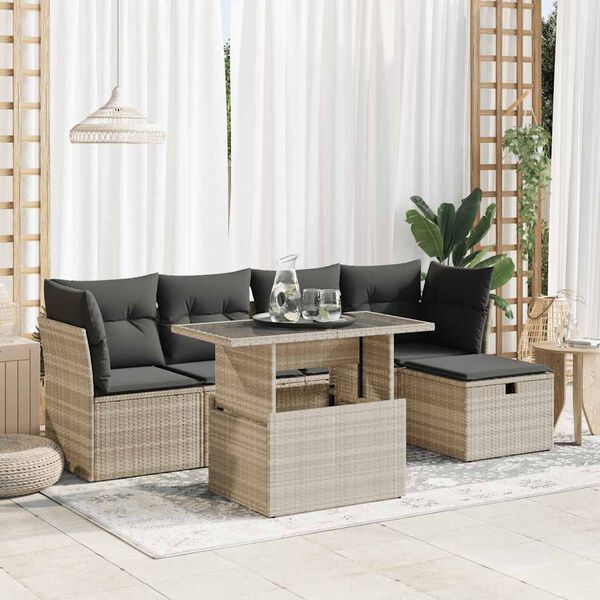 vidaXL 6-delige Loungeset met kussens poly rattan lichtgrijs
