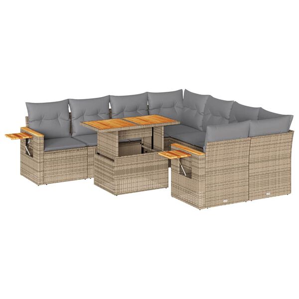 vidaXL 9-delige Loungeset met kussens poly rattan acacia beige