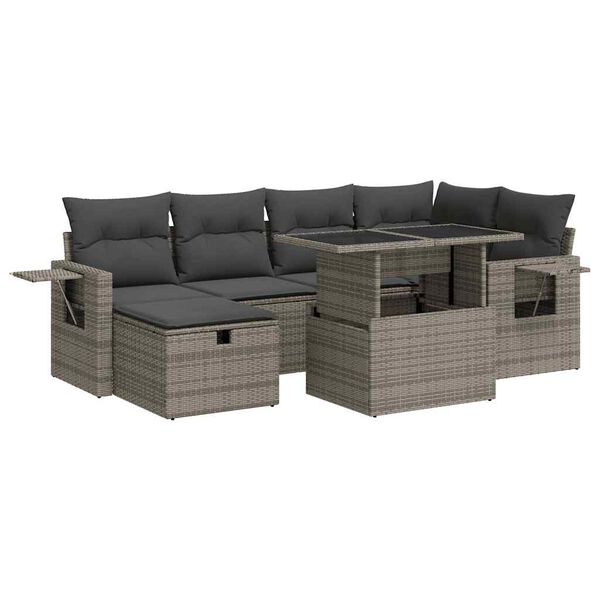 vidaXL 7-delige Loungeset met kussens poly rattan grijs