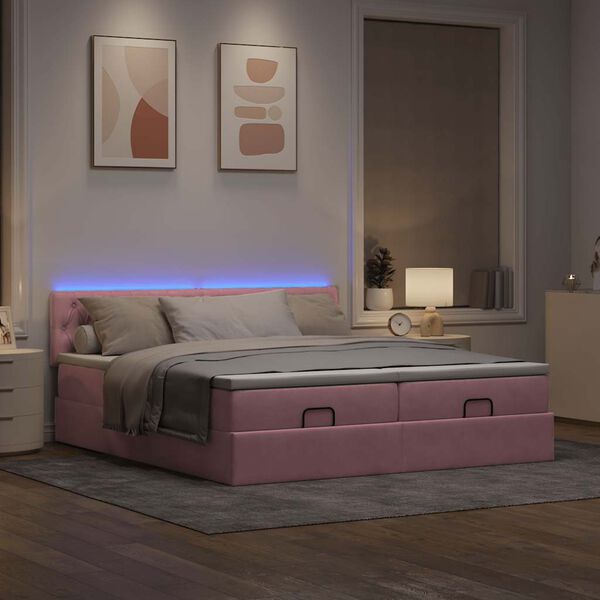vidaXL Ottoman bed met matrassen en LED's 160x200cm fluweel roze