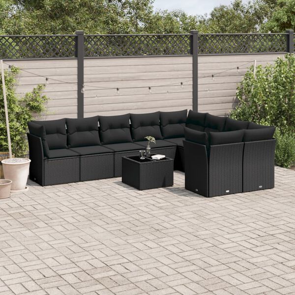 vidaXL 10-delige Loungeset met kussens poly rattan zwart