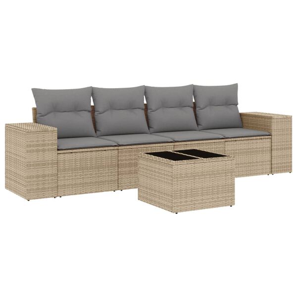 vidaXL 5-delige Loungeset met kussens poly rattan beige