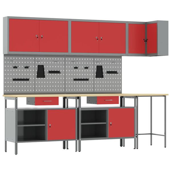 vidaXL Werkkast set met lade met plank met opslag 10 pcs Rood en Grijs