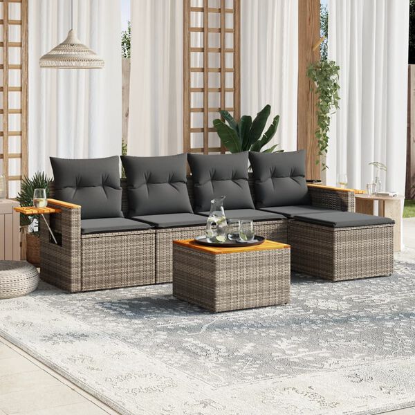 vidaXL 6-delige Loungeset met kussens poly rattan grijs