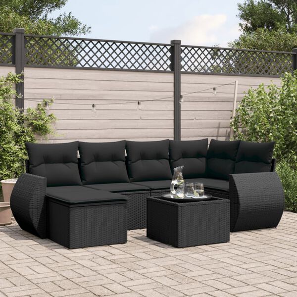 vidaXL 7-delige Loungeset met kussens poly rattan zwart