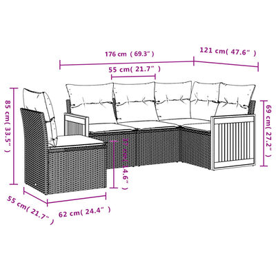 vidaXL 5-delige Loungeset met kussens poly rattan grijs