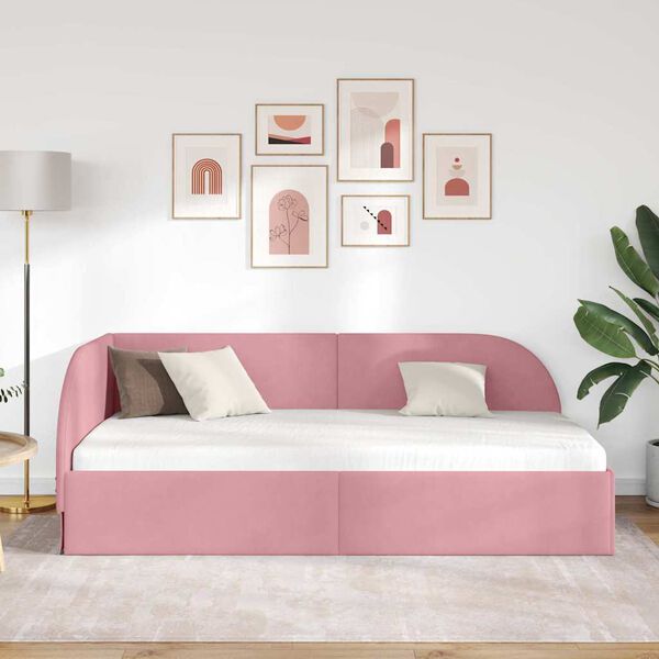 vidaXL Hoekbedframe Roze 90 cm x 200 cm Polyester en multiplex