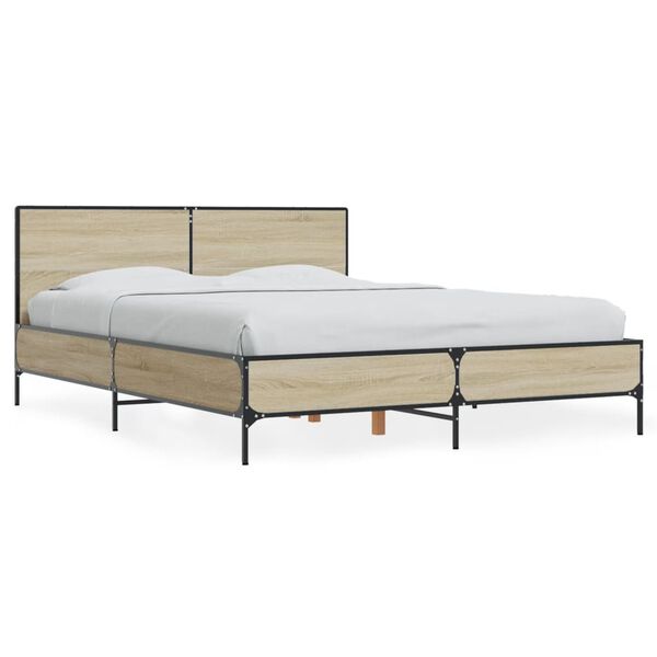 vidaXL Bedframe bewerkt hout metaal sonoma eikenkleurig 135x190 cm