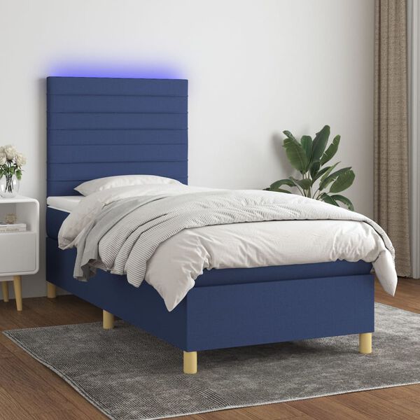 vidaXL Boxspring met matras en LED stof blauw 90x190 cm
