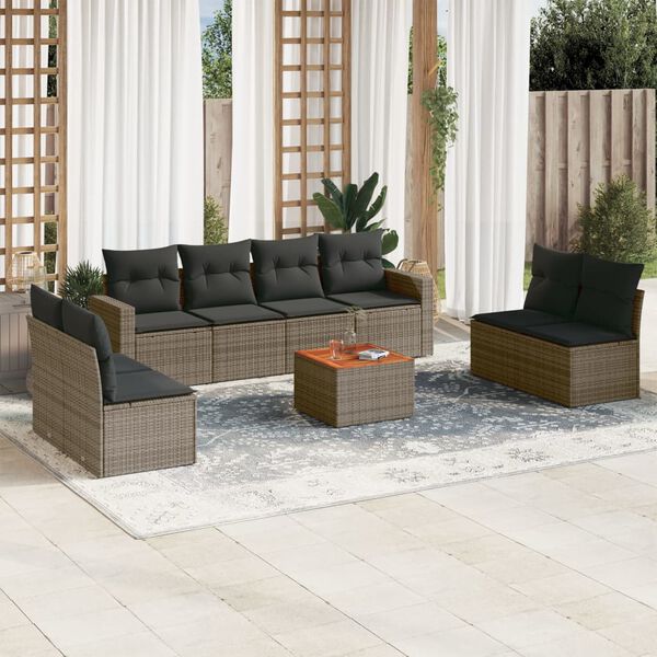 vidaXL 9-delige Loungeset met kussens poly rattan grijs