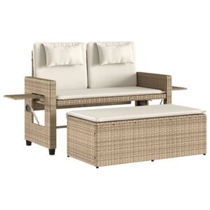vidaXL Tuinbankje verstelbaar met kussens poly rattan beige