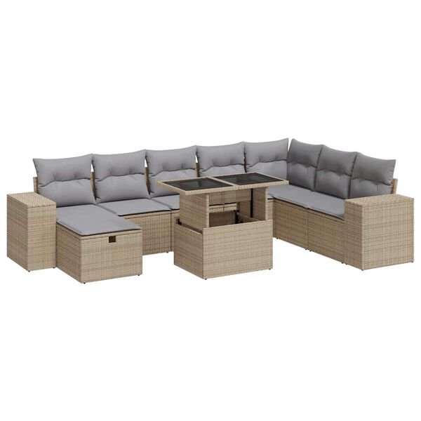 vidaXL 9-delige Loungeset met kussens poly rattan beige