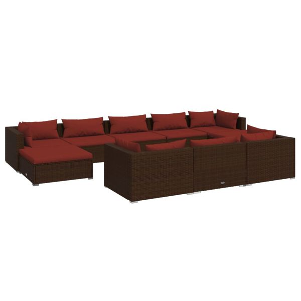 vidaXL 10-delige Loungeset met kussens poly rattan bruin