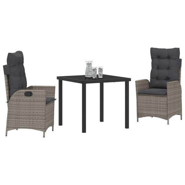 vidaXL Tuin eettafelset met kussen 3 pcs Grijs poly rattan