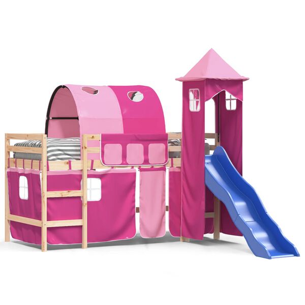 vidaXL Kinderhoogslaper met toren 90x200 cm massief grenenhout roze