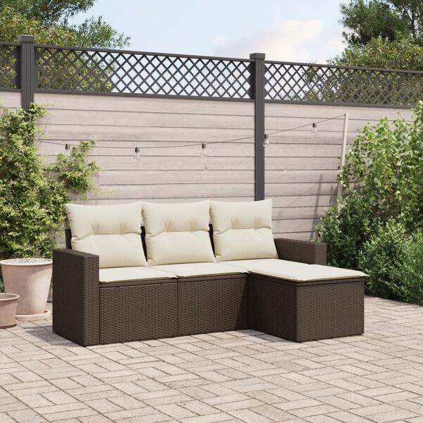 vidaXL 4-delige Loungeset met kussens poly rattan bruin
