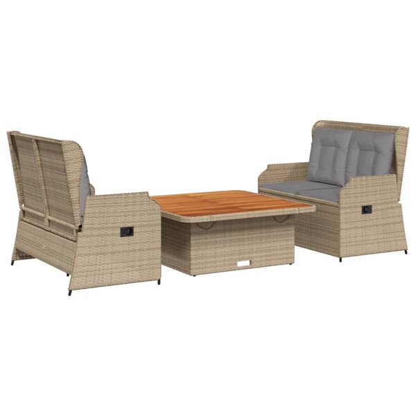 vidaXL 3-delige Loungeset met kussens poly rattan beige