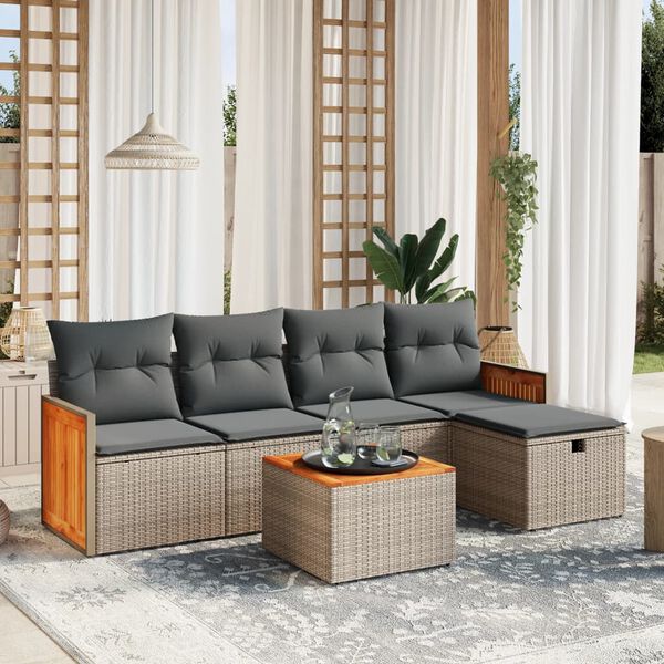 vidaXL 6-delige Loungeset met kussens poly rattan grijs