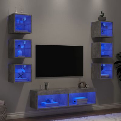 vidaXL 8-delige Tv-wandmeubelset met LED bewerkt hout betongrijs