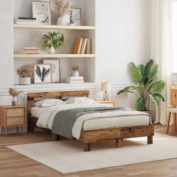 vidaXL Bedframe met LED Oudhout 135 x 190 cm Bewerkt hout