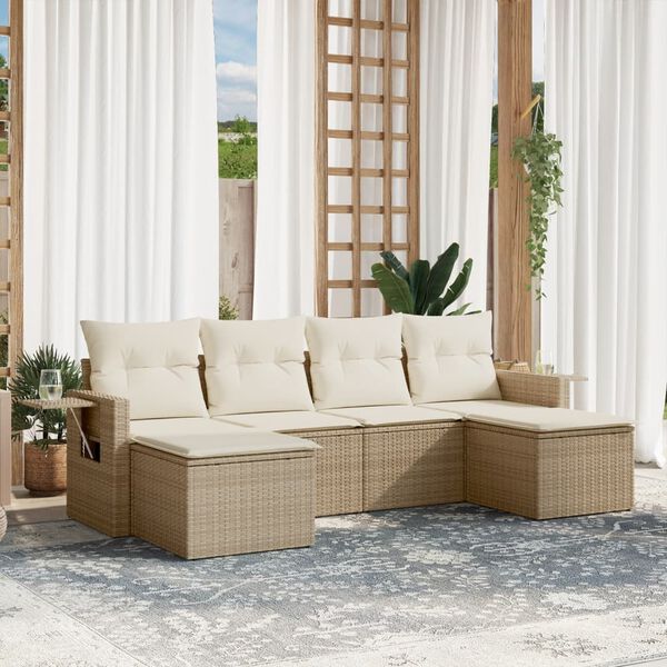 vidaXL 6-delige Loungeset met kussens poly rattan beige