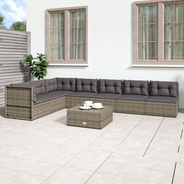 vidaXL 7-delige Loungeset met kussens poly rattan grijs