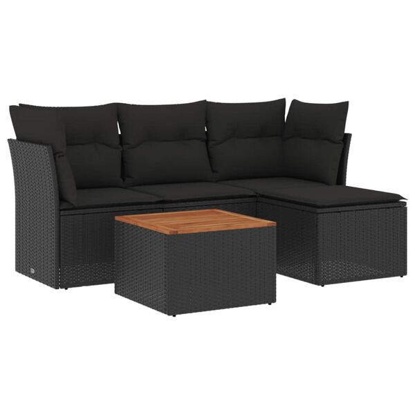vidaXL 5-delige Loungeset met kussens poly rattan zwart