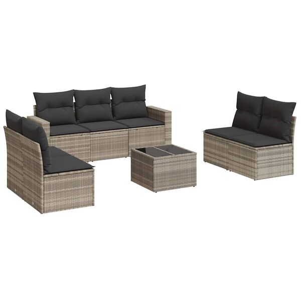 vidaXL 8-delige Loungeset met kussens poly rattan lichtgrijs