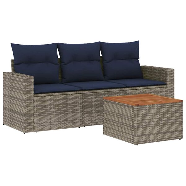 vidaXL 4-delige Loungeset met kussens poly rattan grijs