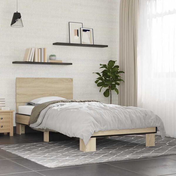 vidaXL Bedframe bewerkt hout en metaal sonoma eikenkleurig 100x200 cm