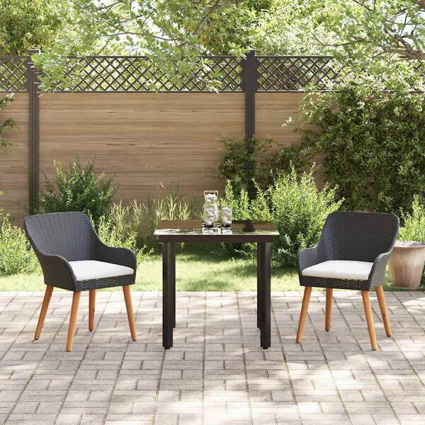 vidaXL Tuin eettafelset met kussen 3 pcs Zwart poly rattan