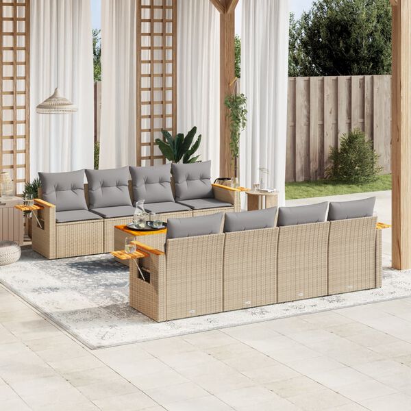 vidaXL 9-delige Loungeset met kussens poly rattan beige