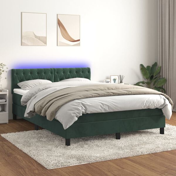 vidaXL Boxspring met matras en LED fluweel donkergroen 140x190 cm
