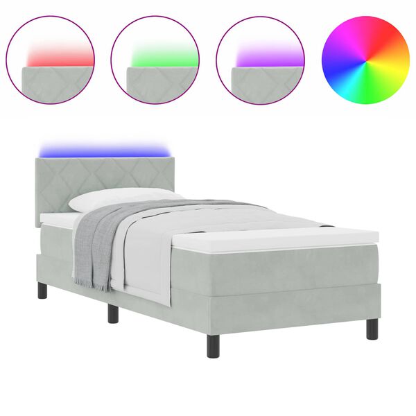 vidaXL LED Box Spring Bed met matras Lichtgrijs 90 x 200 cm Fluweel