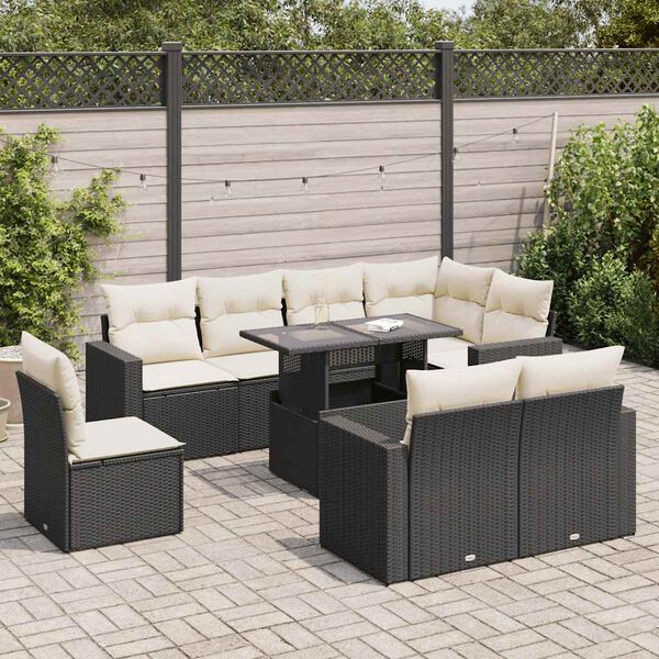 vidaXL 9-delige Loungeset met kussens poly rattan zwart