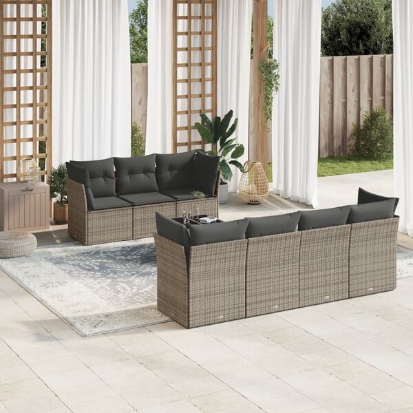 vidaXL 8-delige Loungeset met kussens poly rattan grijs