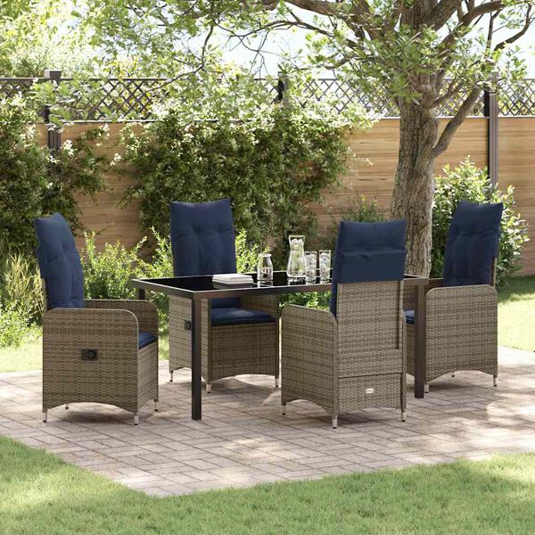 vidaXL Tafel en stoelen set met kussen 5 pcs Grijs PE Rattan