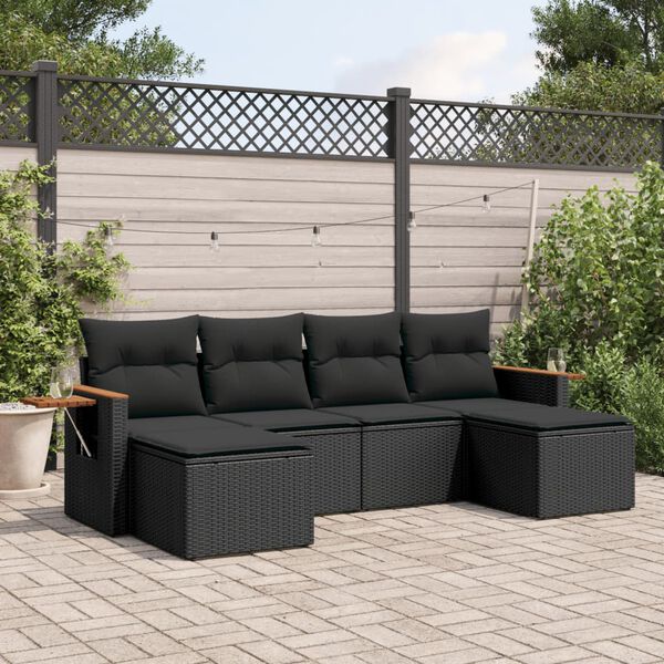 vidaXL 6-delige Loungeset met kussens poly rattan zwart