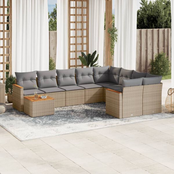 vidaXL 10-delige Loungeset met kussens poly rattan beige