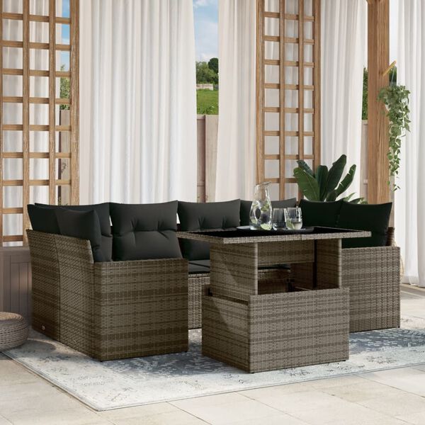 vidaXL 7-delige Loungeset met kussens poly rattan grijs