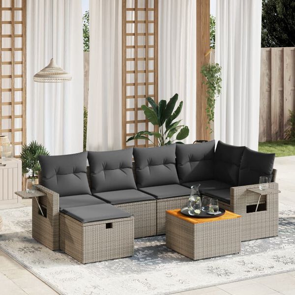 vidaXL 7-delige Loungeset met kussens poly rattan grijs