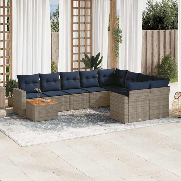 vidaXL 10-delige Loungeset met kussens poly rattan grijs
