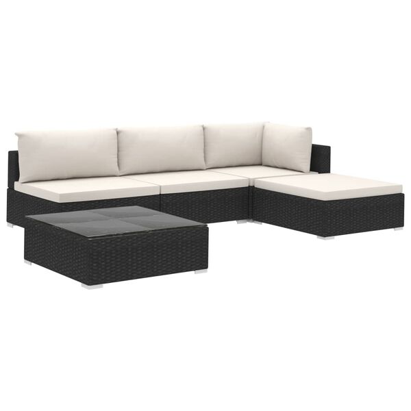 vidaXL 5-delige Loungeset met kussens poly rattan zwart