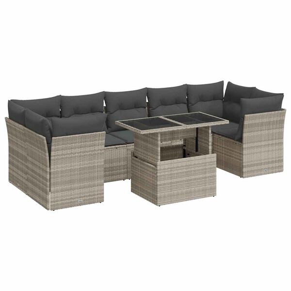 vidaXL 8-delige Loungeset met kussens poly rattan lichtgrijs