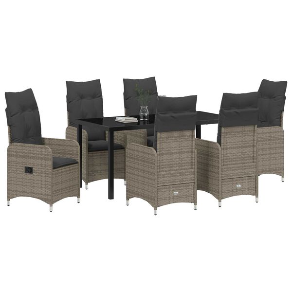 vidaXL Tuin eettafelset met kussen 7 pcs Grijs poly rattan
