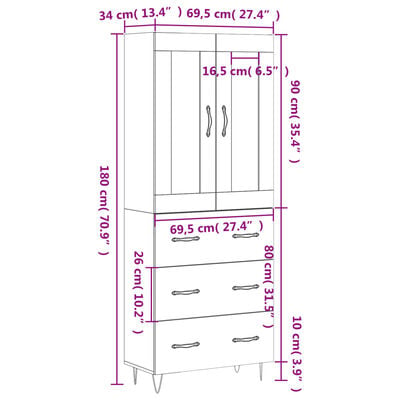 vidaXL Hoge kast 69,5x34x180 cm bewerkt hout wit