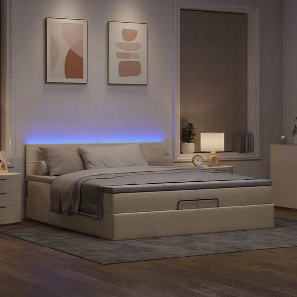 vidaXL Ottoman bed met matrassen en LED's 200x200cm stof cr&egrave;mekleurig