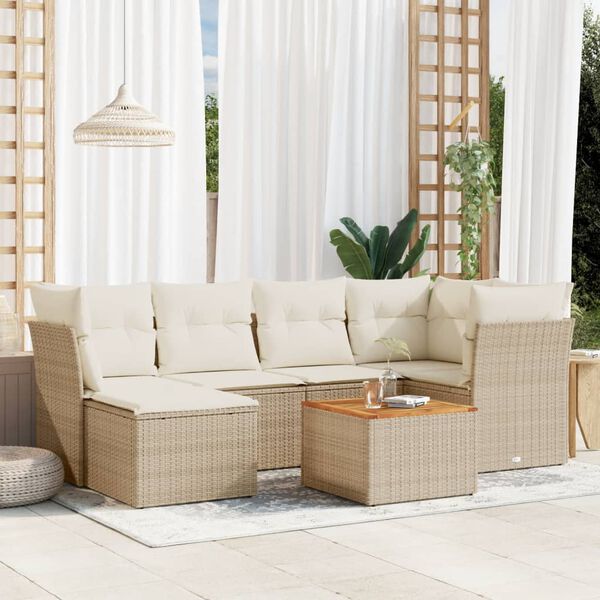 vidaXL 7-delige Loungeset met kussens poly rattan beige