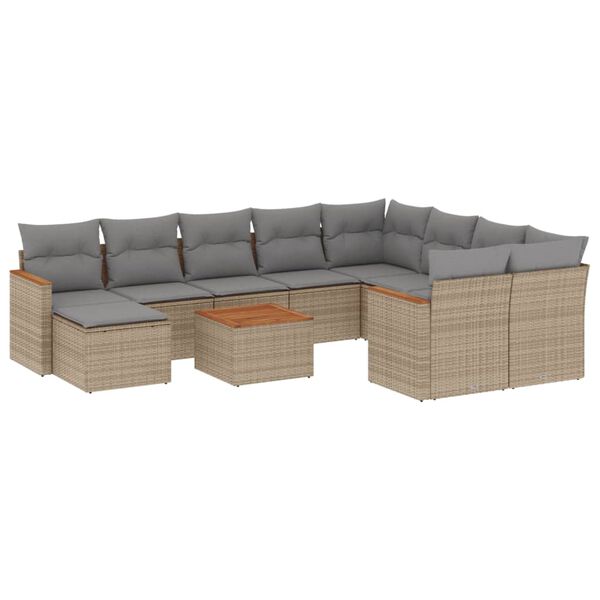 vidaXL 11-delige Tuinset met kussens poly rattan beige