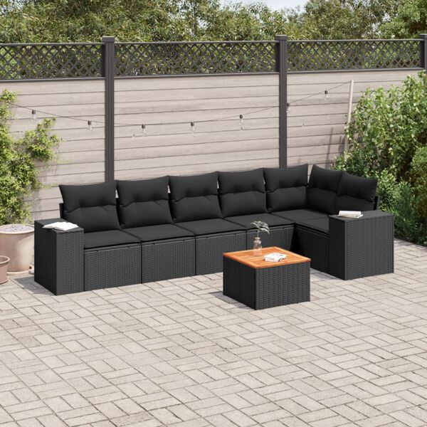 vidaXL 7-delige Loungeset met kussens poly rattan zwart